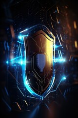data security shield - protecting shield - cybersecurity - dark backround - glowing lines - hologram