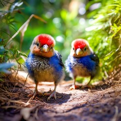 Naklejka premium Playful Crimson Rosella Chicks Exploring a Forest Path