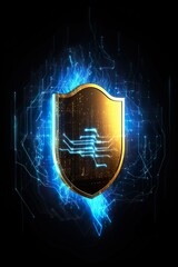 data security shield - protecting shield - cybersecurity - dark backround - glowing lines - hologram