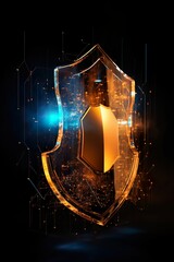 data security shield - protecting shield - cybersecurity - dark backround - glowing lines - hologram