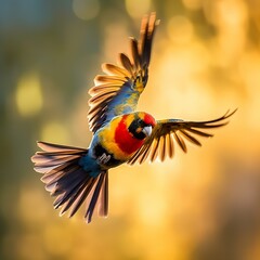 Magnificent Golden-mantled Rosella in Flight against Sunset Sky