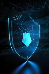 data security shield - protecting shield - cybersecurity - dark backround - glowing lines - hologram