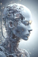if AI were a digital being, Backround white, humanoid appearance, technology, futuristic, AI generated
