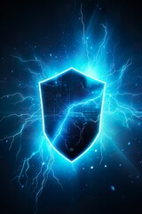 data security shield - protecting shield - cybersecurity - dark backround - glowing lines - hologram