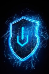 data security shield - protecting shield - cybersecurity - dark backround - glowing lines - hologram