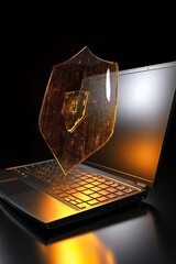 data security shield - protecting shield - cybersecurity - dark backround - glowing lines - hologram