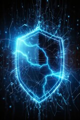 data security shield - protecting shield - cybersecurity - dark backround - glowing lines - hologram