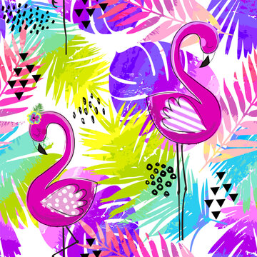 Fashion tropics funny wallpapers. Seamless pattern with leaf and flamingo on white background
