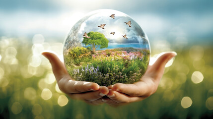 ESG environment social governance concept. Hand-holding crystal globe. Business cooperation for a sustainable environment.World sustainable environment concept.