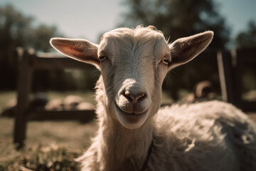 A young curly white goat with small horns smiles as he looks at the camera. A sunny day, amazing funny animals, farming and animal husbandry. Generative AI professional photo imitation.
