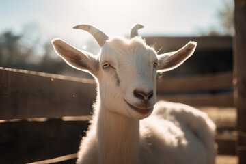 A young white goat with small horns smiles as he looks at the camera. A sunny day, amazing funny animals, farming and animal husbandry. Generative AI professional photo imitation.