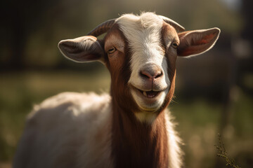 A young brown white goat with small horns smiles as he looks at the camera. A sunny day, amazing funny animals, farming and animal husbandry. Generative AI professional photo imitation.