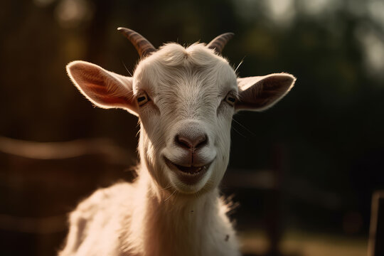 A young white goat with small horns smiles as he looks at the camera. A sunny day, amazing funny animals, farming, animal husbandry. Generative AI professional photo imitation.