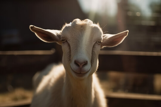 A young white goat with small horns smile and looking at the camera. A sunny day, amazing funny animals, farming and animal husbandry. Generative AI professional photo imitation.