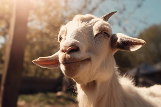 A happy young white goat with small horns smiles as he looks at the camera. A sunny day, amazing funny animals, farming and animal husbandry. Generative AI professional photo imitation.