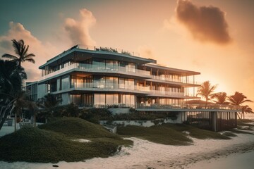 High-end beachfront resort showcasing lavish two-story building with stunning ocean view. AI-generated art in high resolution. Generative AI