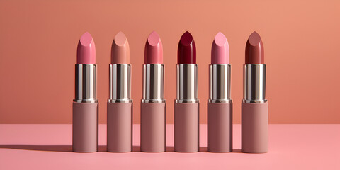 Obraz premium set of lipsticks of different shades lined up exactly in a line, a set of makeup artist, beauty and cosmetics