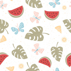 Summer seamless pattern of monstera leaves, watermelons, lemons, butterflies, and seashells. For fabrics, wrapping paper, and wallpapers. Cute vector illustration.