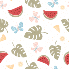 Foto op Aluminium Summer seamless pattern of monstera leaves, watermelons, lemons, butterflies, and seashells. For fabrics, wrapping paper, and wallpapers. Cute vector illustration. © unona art