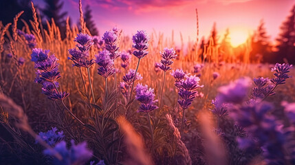 Fototapeta na wymiar Purple lavender flowers with sunset illustration