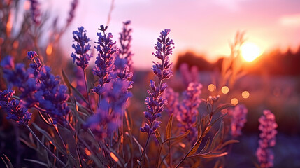 Purple lavender flowers with sunset illustration