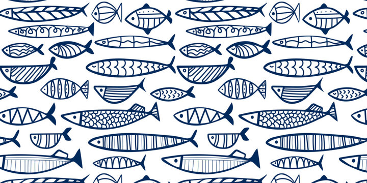 Seamless funny fish outline pattern on white background. Simple marine vector