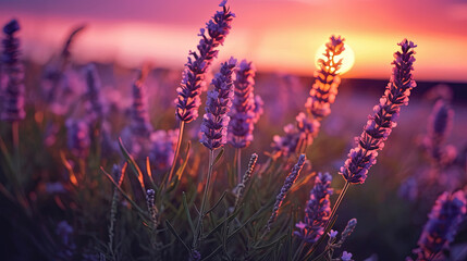 Purple lavender flowers with sunset illustration