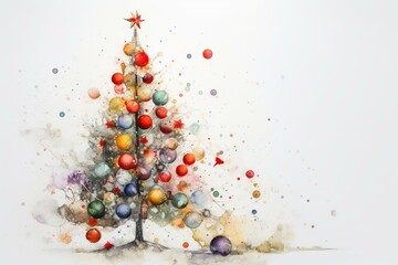 Festive watercolor Christmas tree with ornaments, gifts, and confetti on white background. Perfect for greeting cards and symbolizing the holiday season. Generative AI