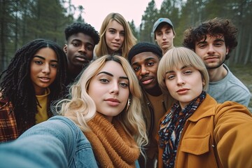 Fototapeta premium Smiling and stylish multiracial friends striking a pose for a selfie in an urban outdoor location
