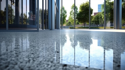 Closeup and perspective view of empty cement floor with modern steel and glass building exterior Generative AI