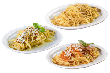 three types of pasta served on a platter with a transparent background