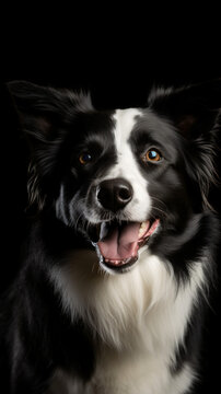 A black and white dog with its tongue out isolated on a black background Generative Ai