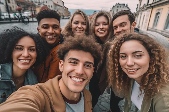 Multiracial group of friends taking selfie picture outdoors