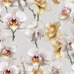 Set of beautiful white, pink, yellow orchids isolated on white, gray background. Orchid flowers for design and for creating seamless patterns. Generative AI