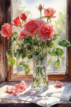 Painted beautiful pink roses. Bouquet in a crystal vase on a wooden window. The concept of quiet and cozy village life, gardening and environmental friendliness. Generative AI