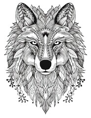 A wolf in the forest in mandala style in black and white. Wolf head adult antistress coloring page.  Generative AI