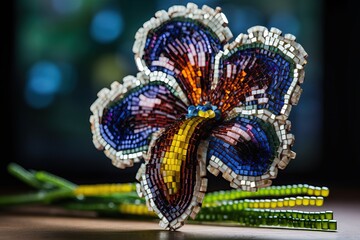Beaded brooch in the form of iris flower. Beautiful brooch from glass beads. Generative AI - obrazy, fototapety, plakaty
