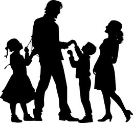 Naklejka premium Silhouette of man and his children. Father, son and doughter together. happy family