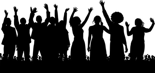group of people silhouettes raise hand. happy expression
