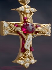 A crucifix in the style of the Lord of the Rings of the Middle Earths in solid gold with silver details, studded with diamonds, and in its middle a blood-red ruby. Generated by AI and created by Human