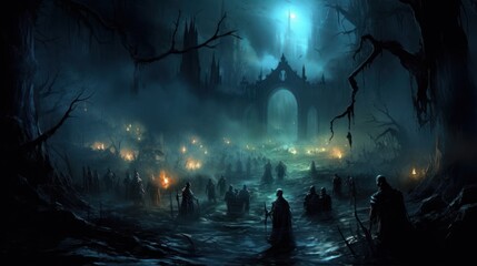 Fototapeta premium Dark and eerie scene depicting an underworld realm, where ethereal spirits, wicked creatures, and mysterious specters dwell. Use shadowy lighting and haunting colors to evoke a sense of foreboding