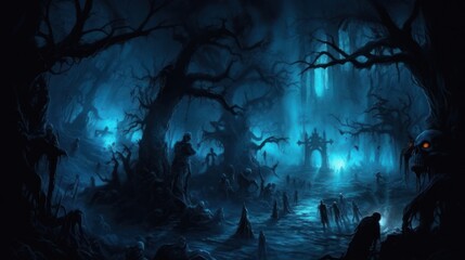 Dark and eerie scene depicting an underworld realm, where ethereal spirits, wicked creatures, and mysterious specters dwell. Use shadowy lighting and haunting colors to evoke a sense of foreboding