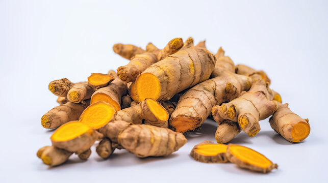 Bunch of ripe dried organic turmeric roots laid in composition on white background. Curcuma at table counter. Generative AI