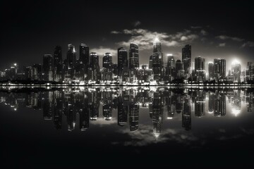 Fototapeta na wymiar City skyline with reflection on water, in B&W. Generative AI