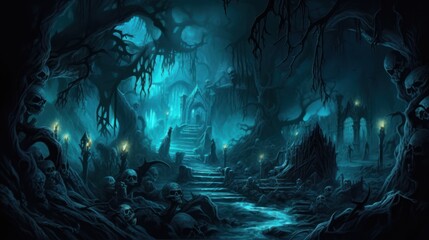 Dark and eerie scene depicting an underworld realm, where ethereal spirits, wicked creatures, and mysterious specters dwell. Use shadowy lighting and haunting colors to evoke a sense of foreboding - obrazy, fototapety, plakaty