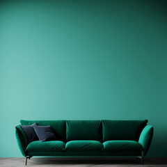 Luxury living room in deep dark green colors. Empty wall mockup background. Velor emerald sofa with blue navy pillows. Premium minimal lounge room design. 3d rendering 