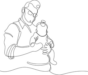 Hugs of a father with a child. One continuous line drawing banner, background, poster with family embrace. Happy Father Day simple vector illustration of child and father. Vector illustration