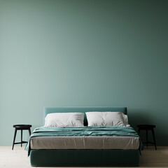 Small bedroom in pastel tones of gray green. Mint empty painting wall color and azure or turquoise teal bed colors. Accent modern light interior design room. Mockup for art or decor. 3d render