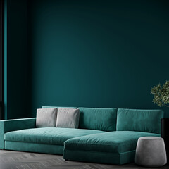 Premium livingroom in green tones trend 2023. Empty wall for art blank background. Large emerald couch with gray velor pillows and pouffe. Luxury lounge room design. 3d rendering