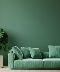 Mint living room - modern interior and furniture design. Mockup for art - an empty painted wall. Pastel green olive sofa and background. Luxury premium lounge area. 3d rendering